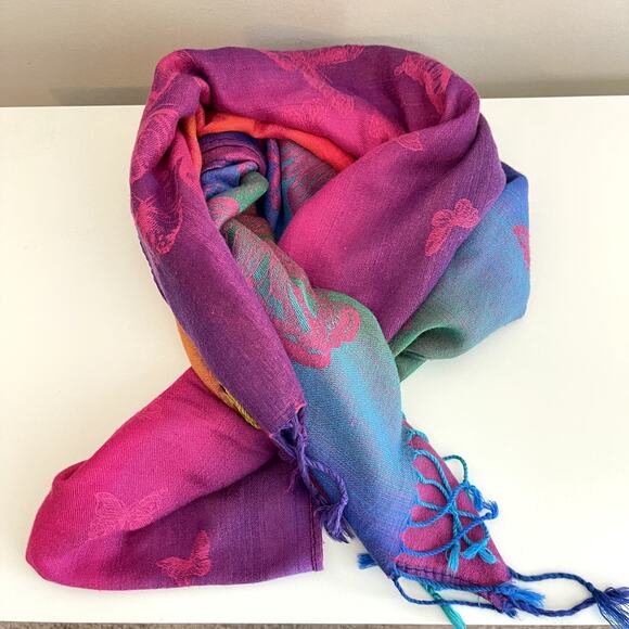 Pashmina Rainbow Butterfly Fringe Boho Electric Wrap Around Scarf - Picture 6 of 6